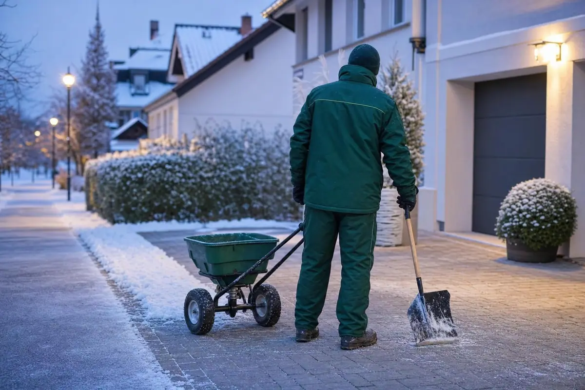 Winterdienst: geräumter und gestreuter Gehweg vor einem Wohnhaus am frühen Morgen